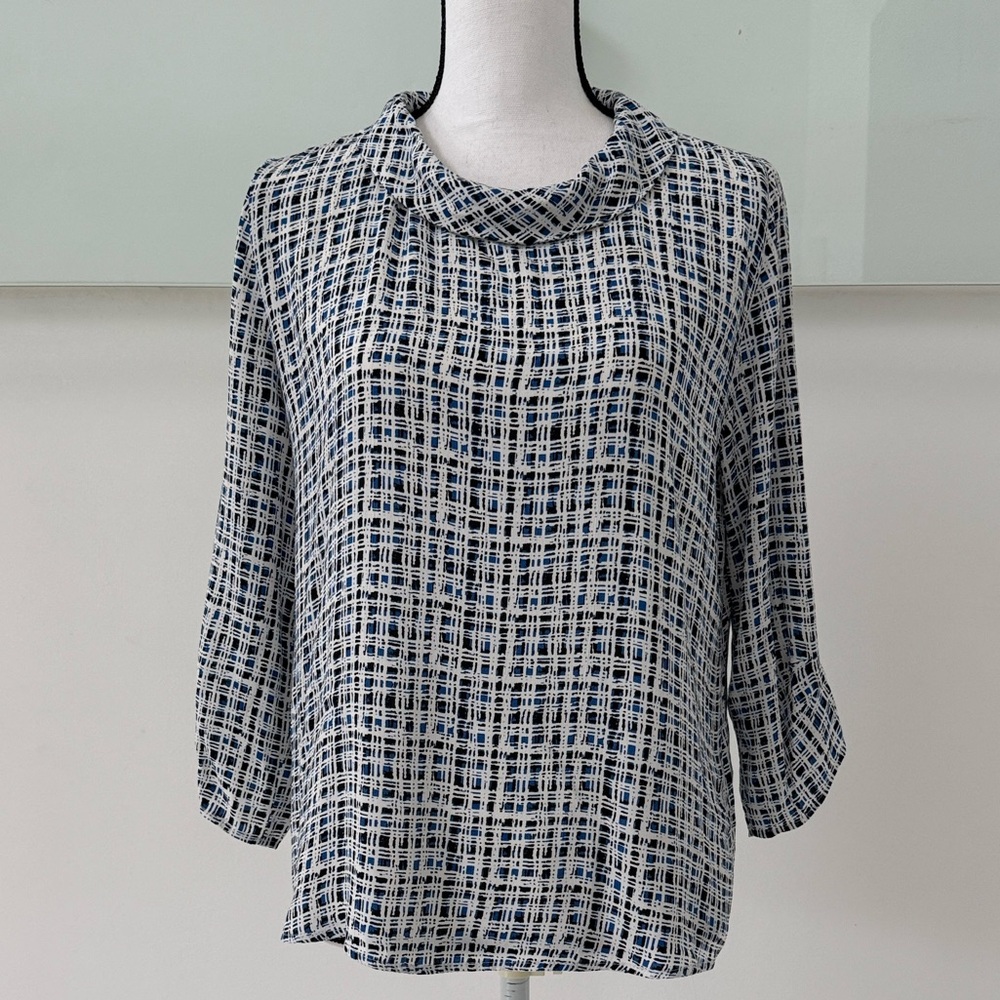 Zara Basic Collection White Blouse W/ Black & Blu… - image 1